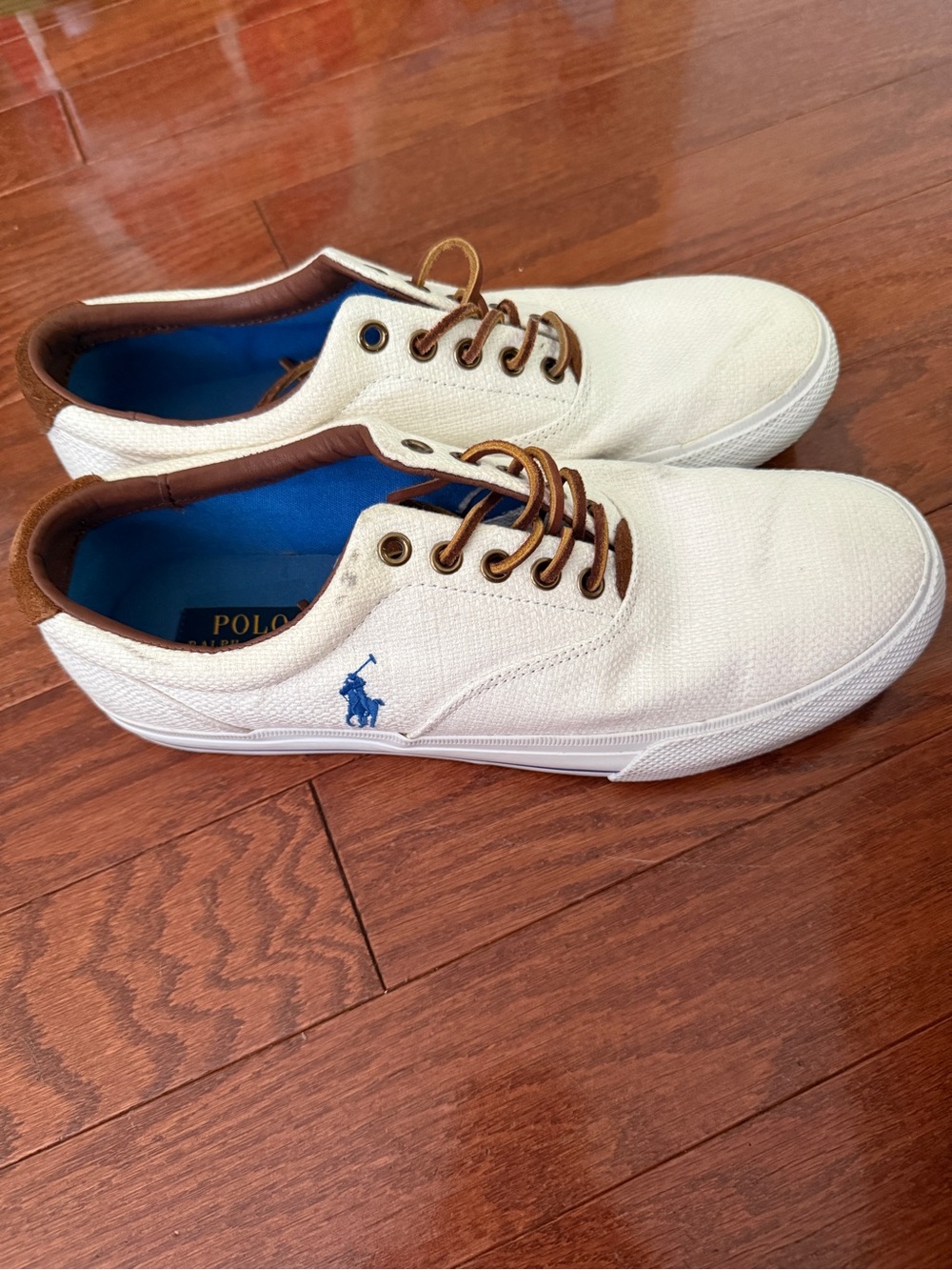 Polo by Ralph Lauren White Canvas Sneakers with Brown Trim and Blue Logo - Picture 2 of 6